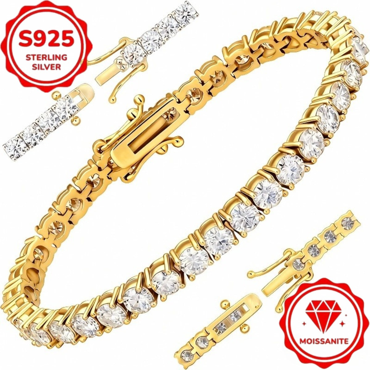 Bracelet tennis en argent  sterling S925 et moissanite pour femme – Finition or taille brillante 4 mm, style français élégant, hypoallergénique, tailles 15 à 23 cm, cadeau parfait pour un mariage ou un anniversaire (7,71 g)