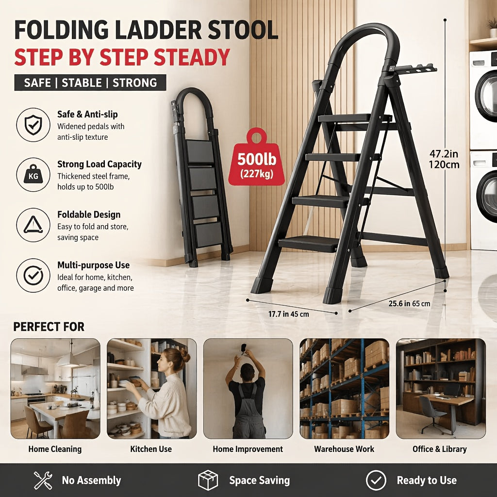 Escabeau pliant robuste, capacité 225 kg - Échelle portable antidérapante à 2/3/4/5 marches, plastique léger et durable, marchepied pliable pour la maison, la cuisine, le bureau et usage industriel