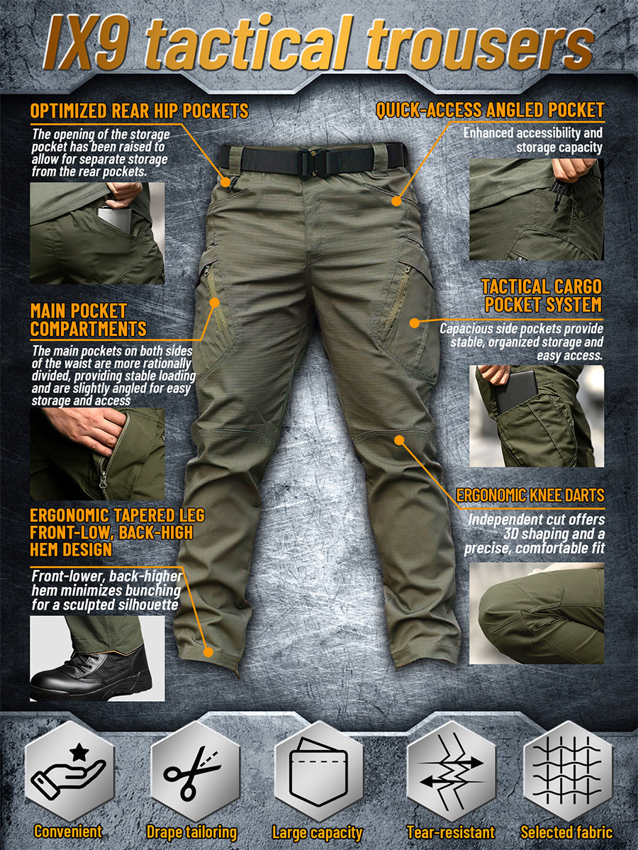 Pantalon cargo tactique IX9 pour homme coupe ajustée – Respirant, séchage rapide, résistant aux déchirures, multi-poches, coupe 3D, pantalon de travail extérieur pour randonnée, camping, escalade, pêche S-XXXL