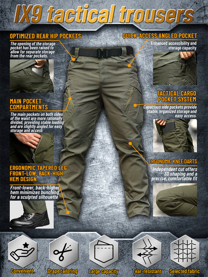Pantalon cargo tactique IX9 pour homme coupe ajustée – Respirant, séchage rapide, résistant aux déchirures, multi-poches, coupe 3D, pantalon de travail extérieur pour randonnée, camping, escalade, pêche S-XXXL
