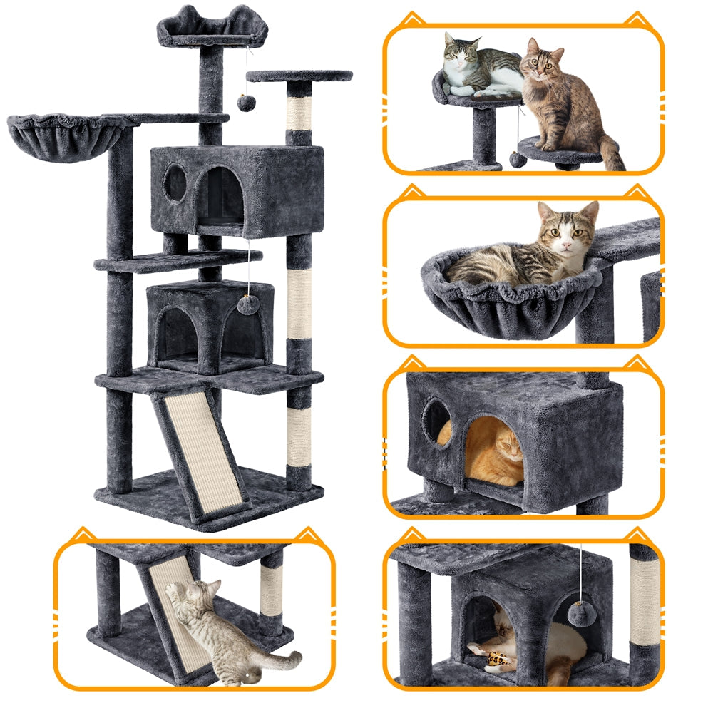 Arbre à chat multiniveaux de 145 cm avec 2 niches – poteaux à griffer en sisal, balle suspendue, plateforme ronde et échelle pour chatons et petits chats d'intérieur, 6 couleurs, cadeau de Noël pour les amoureux des chats