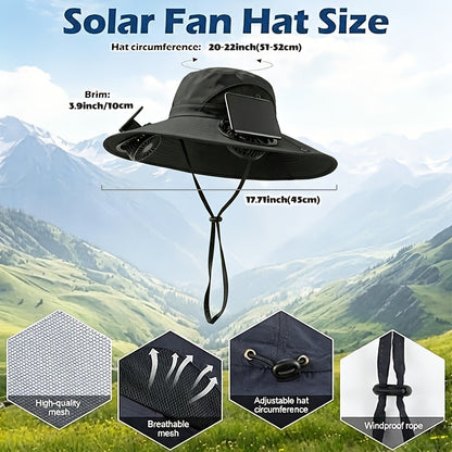 Chapeau de soleil à larges bords avec ventilateurs solaires – 2 ventilateurs solaires intégrés, vitesse du vent réglable, maille respirante, chapeau d'extérieur anti-UV avec mentonnière pour la pêche, le camping et les voyages
