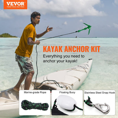 VEVOR Kayak Anchor Kit 3.5 lb Folding 4-Fluke with 26.2 ft Marine Rope, Buoy & Snap Hook - Corrosion-Resistant Paddle Board Anchor for Kayaks, Canoes, SUP & Small Boats