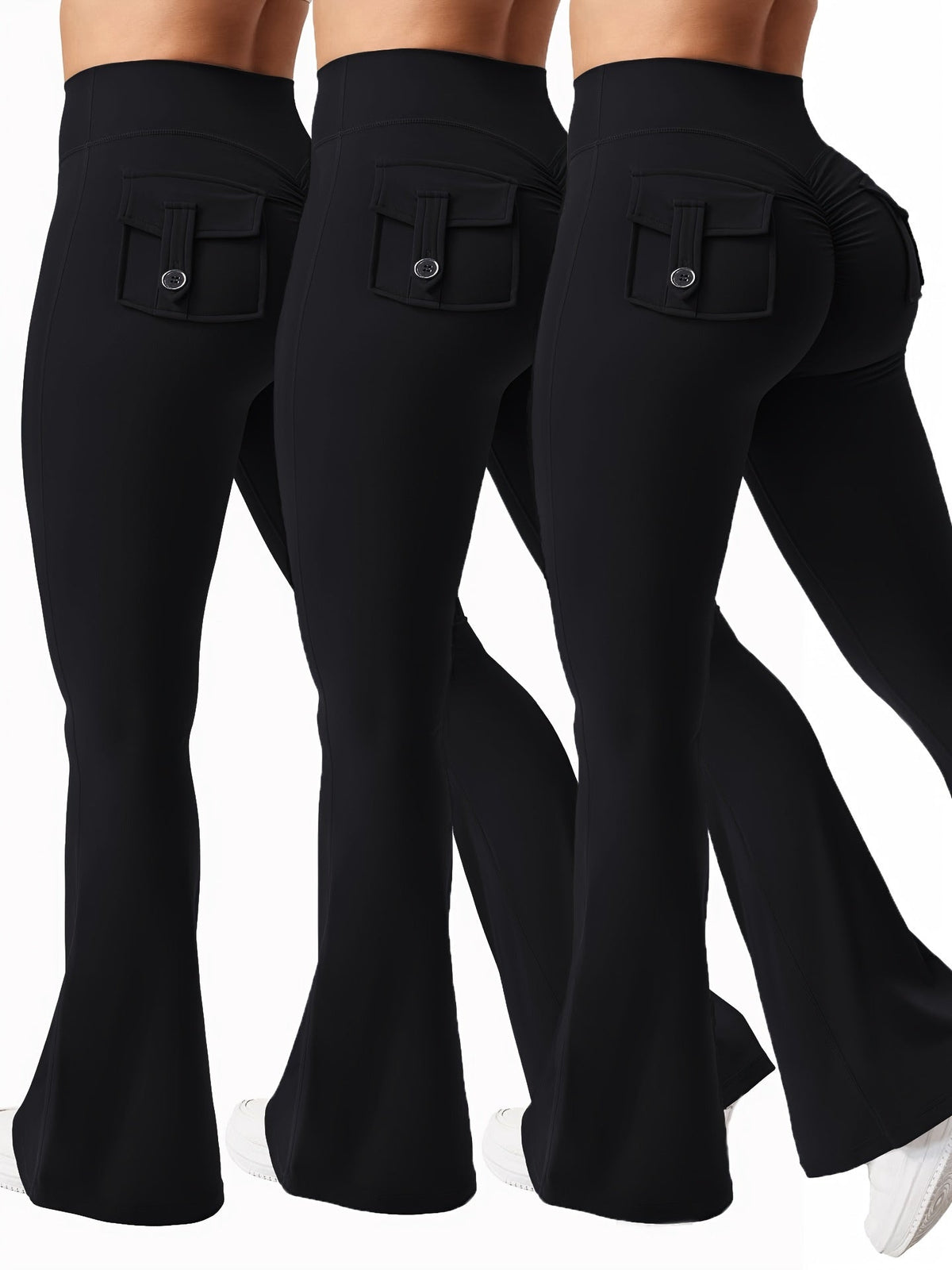 Ensemble 3 pièces pour femme : pantalon de yoga évasé à taille haute avec ceinture et poches, legging galbant effet push-up, squat-proof, 90 % polyester extensible, coupe évasée pour le sport, la gym, la course et le quotidien