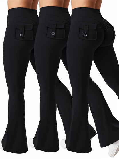 Ensemble 3 pièces pour femme : pantalon de yoga évasé à taille haute avec ceinture et poches, legging galbant effet push-up, squat-proof, 90 % polyester extensible, coupe évasée pour le sport, la gym, la course et le quotidien