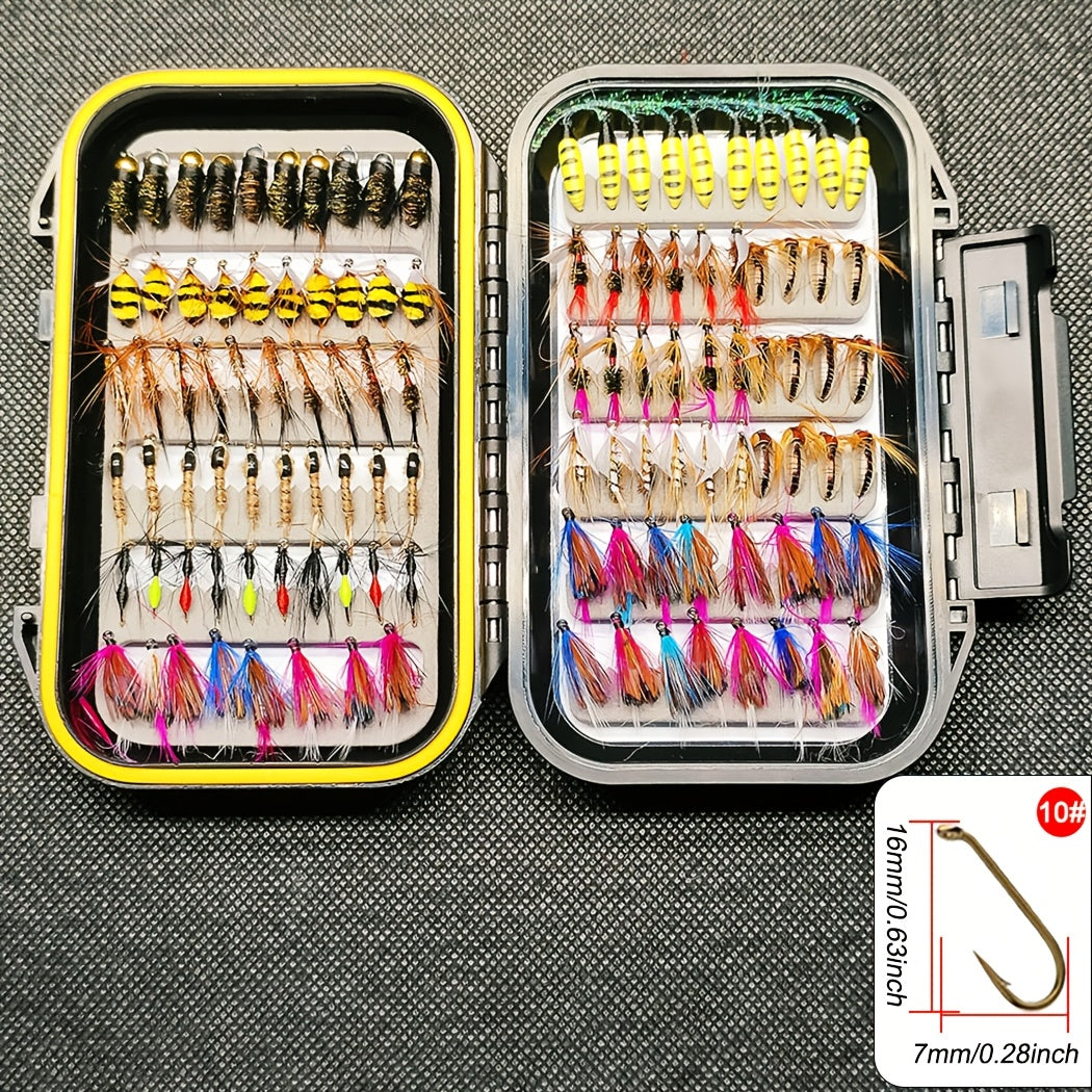 Assortiment de 114 mouches de pêche à la mouche avec boîte portable - 11 styles mixtes de mouches sèches/noyées, nymphes et streamers, hameçons de taille 10 pour truite, bar, saumon, steelhead et carpe - Eau douce et eau de mer