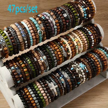 Ensemble de bracelets bohèmes en perles de bois – Bracelets élastiques empilables avec breloques tortue, croix, feuille et plume, couleurs assorties, au choix par 12, 24, 47 ou 87 pièces – Parfait pour un usage quotidien et offrir en cadeau