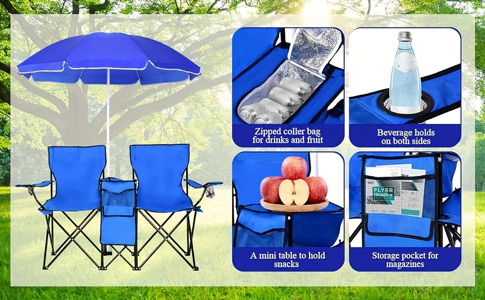 Ensemble de 2 chaises de plage pliantes avec parasol, table et sac isotherme – Chaise de pique-nique compacte et pliable pour la plage, le camping et les sorties en plein air, capacité de 122 kg par siège