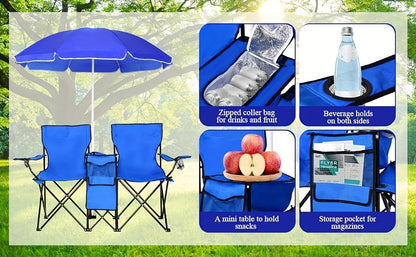 Ensemble de 2 chaises de plage pliantes avec parasol, table et sac isotherme – Chaise de pique-nique compacte et pliable pour la plage, le camping et les sorties en plein air, capacité de 122 kg par siège