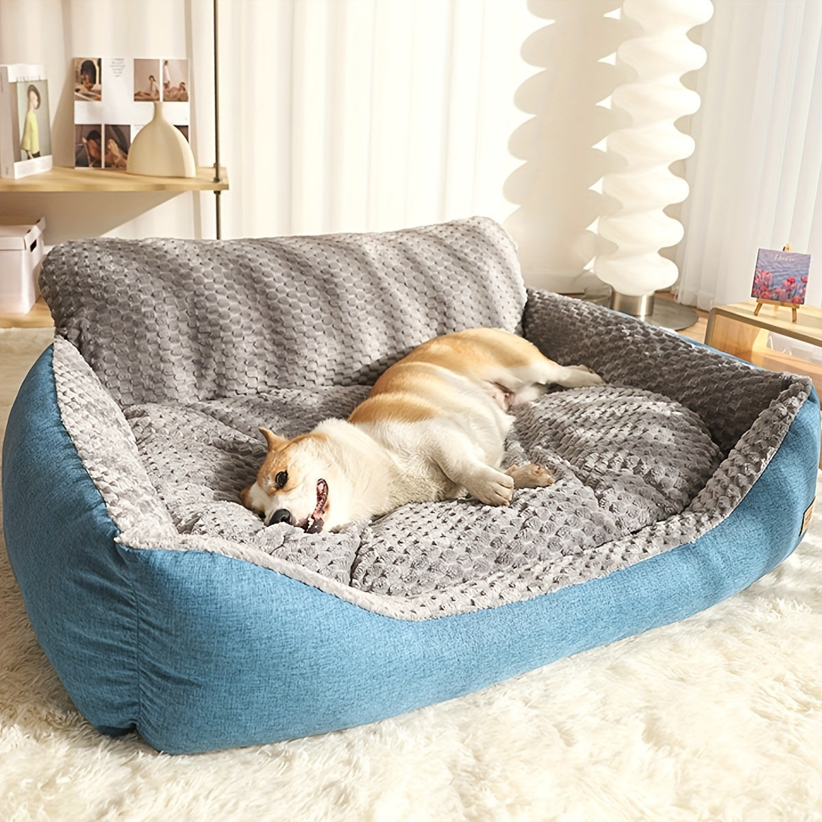 Canapé-lit de luxe en peluche pour animaux avec dossier haut – Panier pour chiens et chats épais, chaud et lavable, confort toutes saisons, housse facile à nettoyer, tailles S L XL, bleu gris