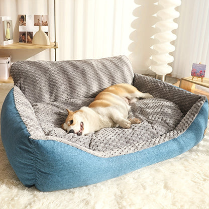 Canapé-lit de luxe en peluche pour animaux avec dossier haut – Panier pour chiens et chats épais, chaud et lavable, confort toutes saisons, housse facile à nettoyer, tailles S L XL, bleu gris