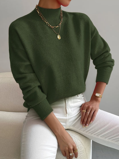 Women's Solid Color Mock Neck Drop Shoulder Pullover Sweater – Long Sleeve Knit Acrylic Blend Cozy Fall Winter Top