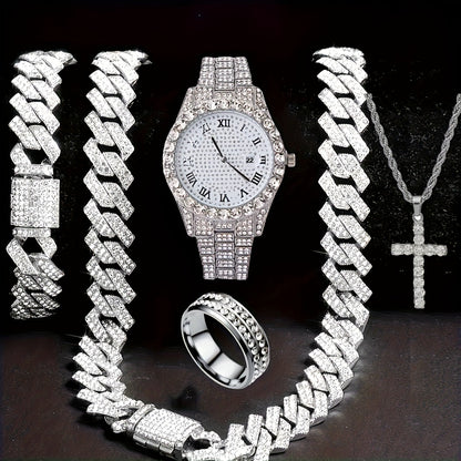 Ensemble de montre Hip Hop pour homme avec strass, chaîne cascade et collier – Parure de bijoux avec montre à quartz étincelante pour homme, 3 et 5 pièces, cadeau idéal pour les fêtes