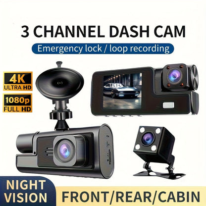 Dashcam 3 canaux 4K avant + 4K intérieur + 1080P arrière avec carte 32 Go offerte, vision nocturne, capteur G, grand angle, enregistrement en temps réel et moniteur de stationnement – Velora