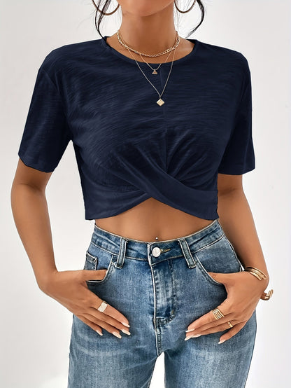 Women's Twist Front Crop Top Short Sleeve T-Shirt Solid Color Casual Summer Tops Cute Streetwear XS-XXL 8 Colors