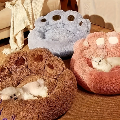 Panier rond pour chien et chat motif patte d’ours – Lit apaisant et doux pour animal de compagnie, antidérapant, chaud et confortable, petit, moyen, grand modèle, 50/60/70/90 cm, café/rose/gris