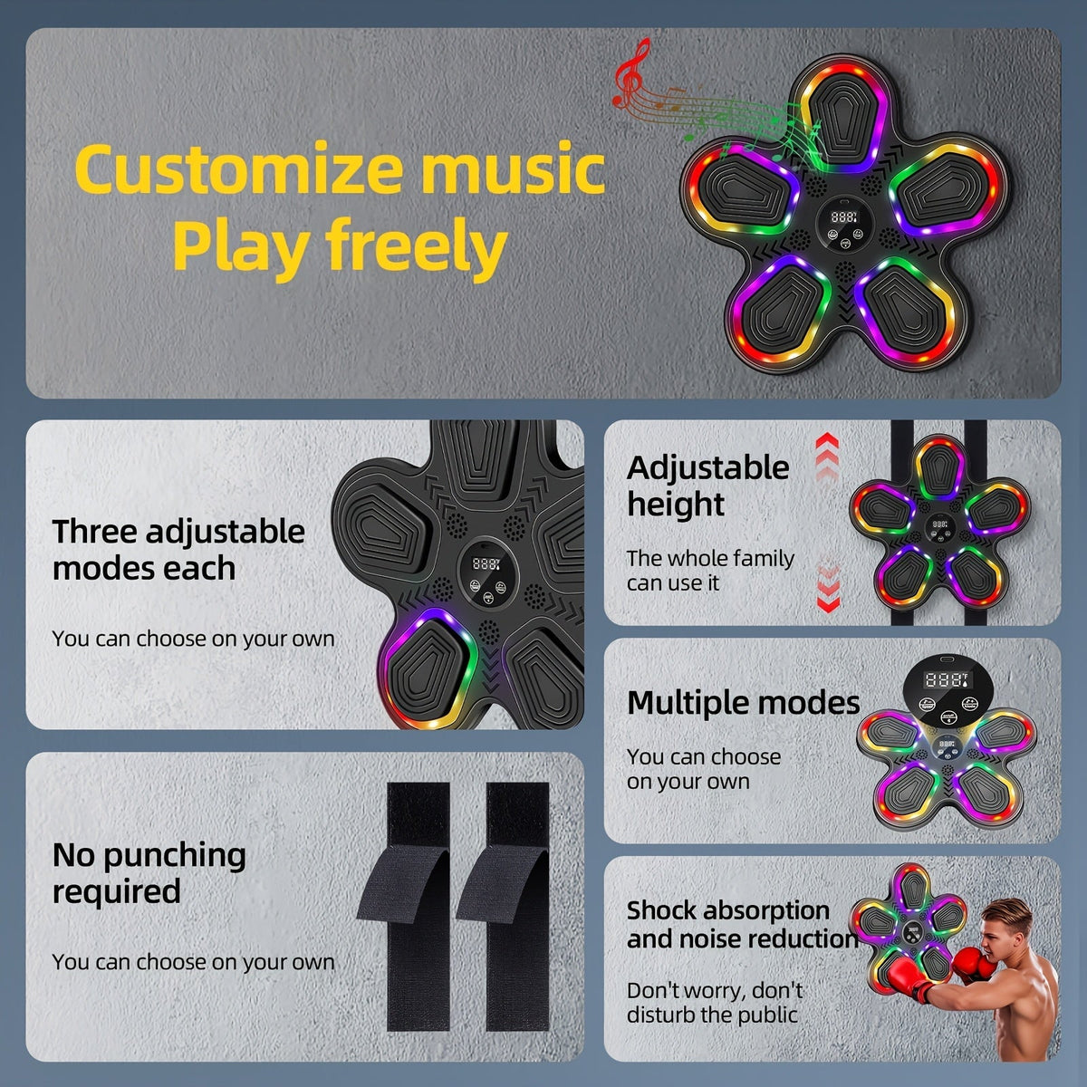 Machine de boxe musicale intelligente avec gants – Montage mural, éclairage rythmique LED, Bluetooth, 9 modes de vitesse, compteur de coups LED intelligent, cadeau de fitness pour salle de sport à domicile pour adultes et adolescents