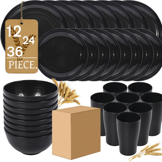 Service de vaisselle en paille de blé – Assiettes, bols et tasses écologiques et réutilisables, lavables au lave-vaisselle et compatibles micro-ondes, incassables, ensembles de 12/24/36 pièces pour le camping, les fêtes, l'extérieur et l'usage quotidien