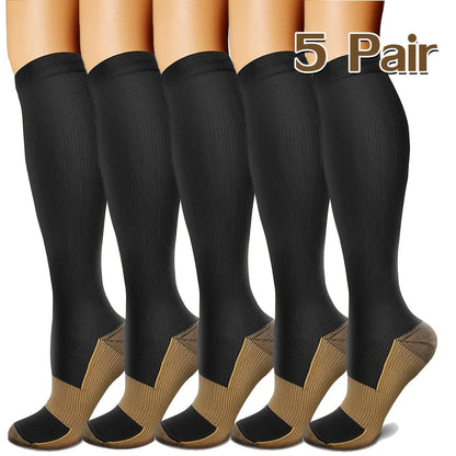 Lot de 5 paires de chaussettes de compression en cuivre pour femmes et hommes – Chaussettes de sport noires pour la course, la randonnée, le cyclisme et les voyages, tailles M-XL, bas de compression pour la circulation et le soulagement de la douleur