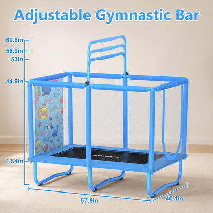 6-in-1 Kids Trampoline with Enclosure Net, Basketball Hoop, Swing, Rings & 15 Ocean Balls – 55"-58" Indoor Outdoor Rectangular Trampoline, Foam Padded Poles, W-Shaped Legs, Gift for Boys Girls Ages 3-10