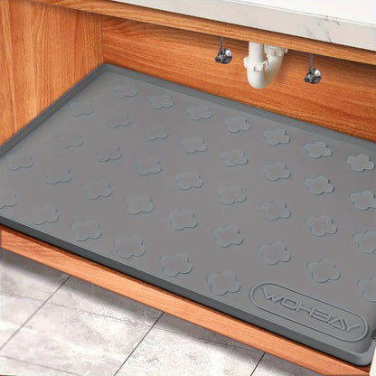 Tapis étanche en silicone pour sous-évier 86 x 56 cm, bac de rétention pour meuble de cuisine ou de salle de bain, capacité jusqu'à 7,5 litres, tapis de protection anti-fuite non toxique avec bords surélevés et motif trèfle à quatre feuilles