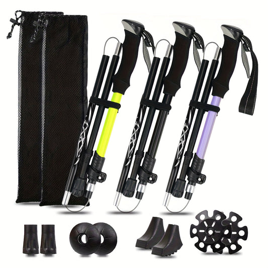 Lot de 2 bâtons de marche pliables, ultra-légers en alliage d'aluminium 7075, bâtons de randonnée télescopiques avec poignées ergonomiques antidérapantes, dragonnes et hauteur réglable pour hommes et femmes, idéal pour le trekking et la randonnée.