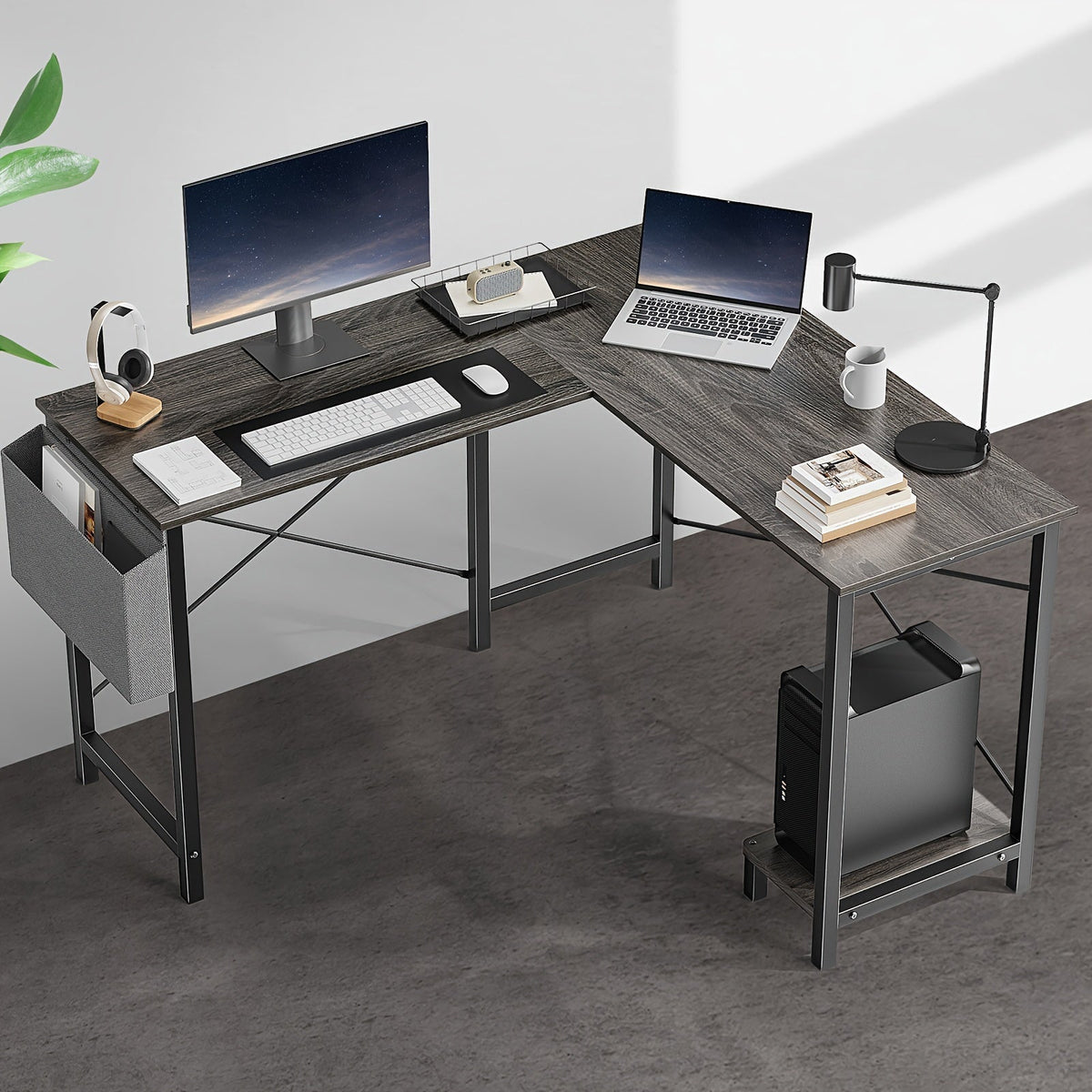 Bureau d'ordinateur en forme de L avec sac de rangement et étagères – Bureau d'angle réversible, poste de travail pour PC et ordinateur portable pour bureau à domicile, salle d'étude, bureau d'écriture peu encombrant