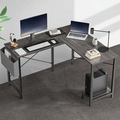 Bureau d'ordinateur en forme de L avec sac de rangement et étagères – Bureau d'angle réversible, poste de travail pour PC et ordinateur portable pour bureau à domicile, salle d'étude, bureau d'écriture peu encombrant