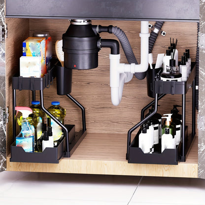 Lot de 2 organisateurs sous évier avec étagères à tiroirs coulissants – Rangement de placard extractible pour salle de bain, cuisine, cellier et meuble-lavabo, cadre en métal durable, organisation gain de place, noir ou blanc