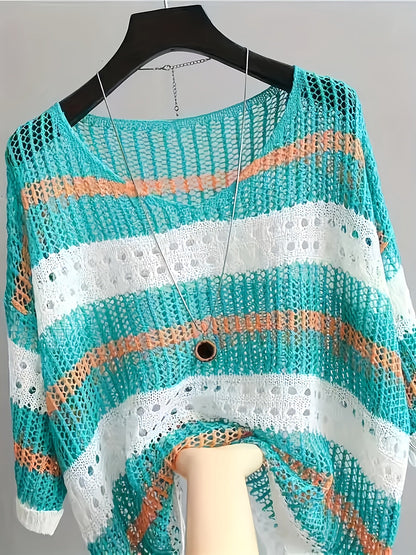 Cache-maillot de plage ajouré à manches mi-longues pour femme, élégante tunique ample style bohème pour vacances d'été, violet clair, blanc, cyan, noir, S M L XL