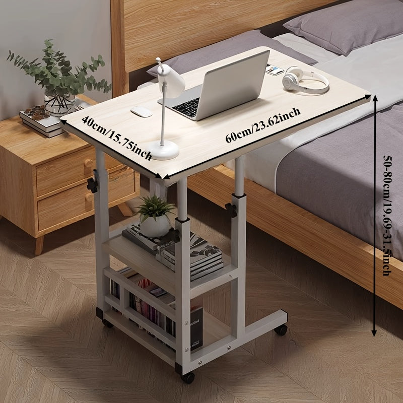 Table pour ordinateur portable réglable en hauteur avec 4 roulettes et double étagère – Bureau poste de travail mobile pour chevet, dortoir, bureau, salon, structure en acier robuste, design gain de place
