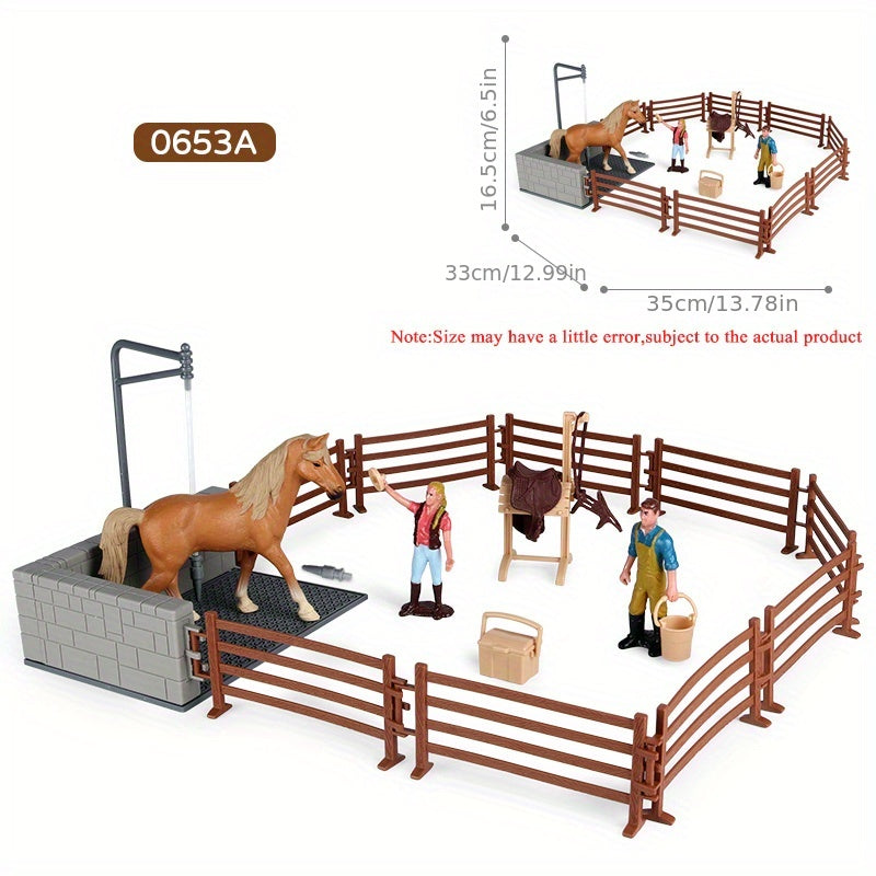 Ensemble de jeu Deluxe Ferme et Ranch avec écurie et chevaux – Scène d'équitation en PVC avec cavalier, chevaux, clôture et accessoires de cow-boy | Jouet d'imitation pour garçons et filles | Cadeau d'anniversaire ou de Noël