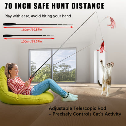 Retractable Cat Teaser Wand 1M Telescopic Stick with Feathers, Bells & Glitter Ribbon Refills – Durable Chew-Resistant Interactive Cat Toy for Indoor Kittens, Interchangeable Heads, Fun Wand Play