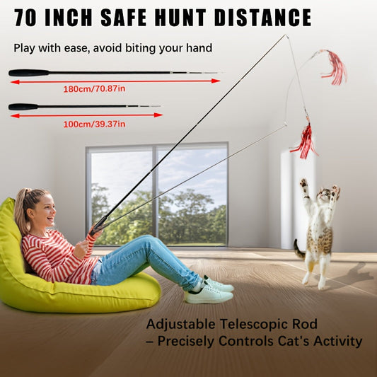 Canne à pêche télescopique rétractable de 1 m pour chat avec plumes, grelots et rubans à paillettes – Jouet interactif durable et résistant aux morsures pour chatons d 'intérieur, têtes interchangeables, canne ludique