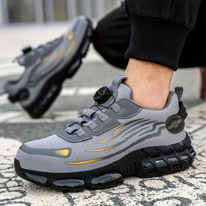 Chaussures de sécurité à embout d'acier pour hommes et femmes – Baskets de protection légères et respirantes avec semelle antidérapante, bout rond, coupe basse – Idéales pour la construction, l'entrepôt, l'extérieur et le camping (Noir/Gris, US 5–12,5)