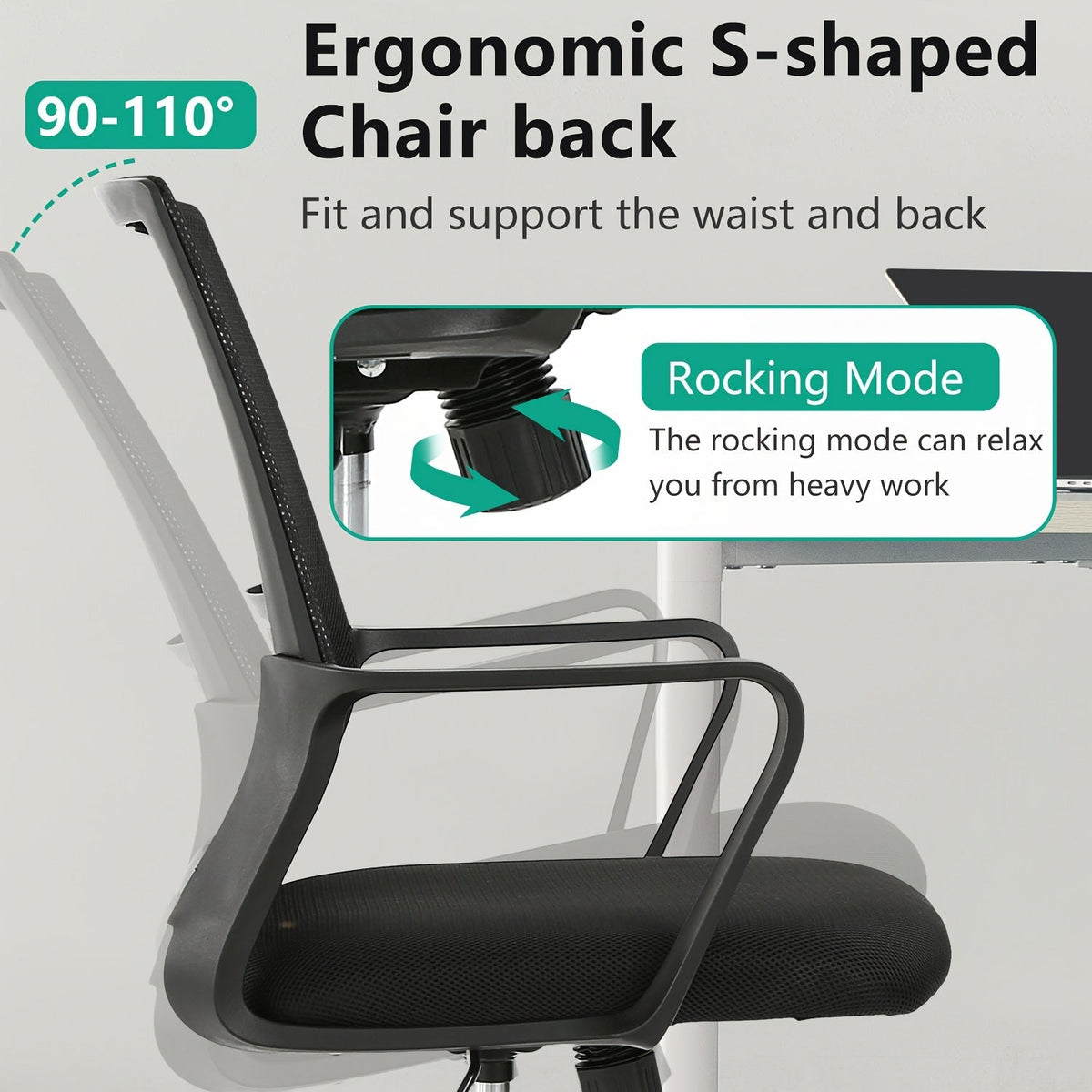Chaise de bureau ergonomique à dossier moyen en filet, pivotante à 360°, base à 5 roulettes, support lombaire, chaise d'ordinateur pour bureau à domicile - Capacité de 250 lb, disponible en noir, gris, bleu, blanc et rose