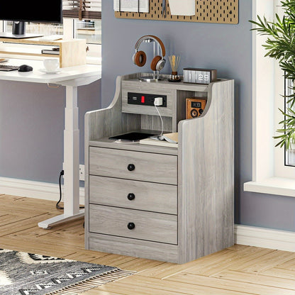 Table de chevet avec station de charge – 2 ports USB et 2 prises, étagère et 3 tiroirs, bout de canapé pour chambre, salon et bureau, gris ou blanc