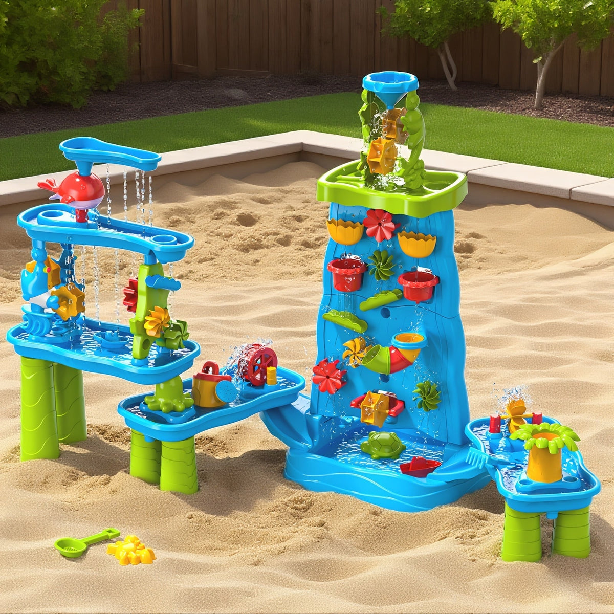Table de jeu double face eau et sable pour enfants avec mur de labyrinthe à cascade – Table de jeu sensoriel d'extérieur pour tout-petits, garçons et filles – Station d'activité estivale de plage pour le jardin, la terrasse et la piscine