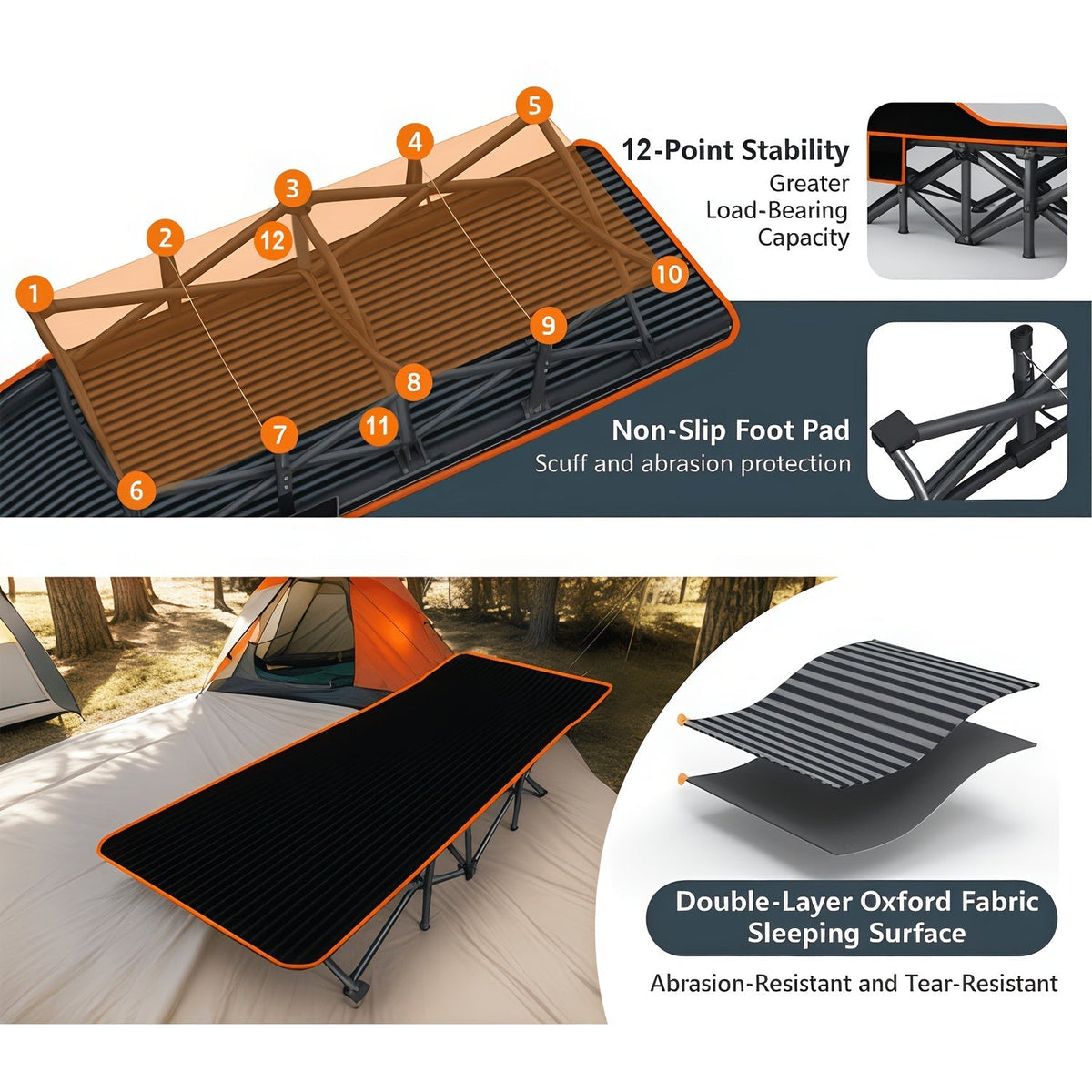 Lit pliant ultra-résistant supportant jusqu’à 285 kg avec matelas en option – Lit de camp portable avec pieds de support multiples, poches latérales et oreiller, lit d'appoint toutes saisons de 150 à 195 cm, peu encombrant