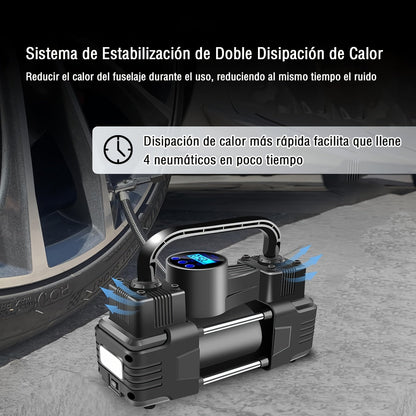 Compresseur d'air portable 12V 150 PSI – Pompe à air automatique à double cylindre avec manomètre numérique LED, arrêt automatique et lampe LED pour voiture, SUV, camion, vélo, ballon de basket et structures gonflables