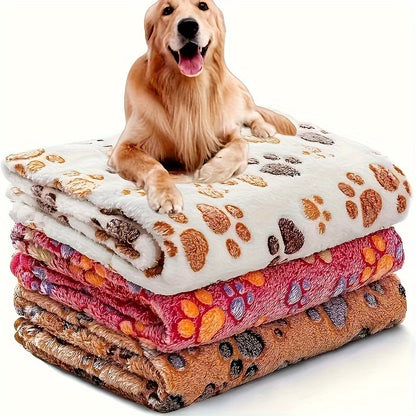 Soft Coral Fleece Pet Blankets for Dogs and Cats 3-Pack - 100% Polyester Paw Print Design Machine Washable, All-Season Throw Blanket for Small Medium Large Breeds, Cozy Pet Bed Cover