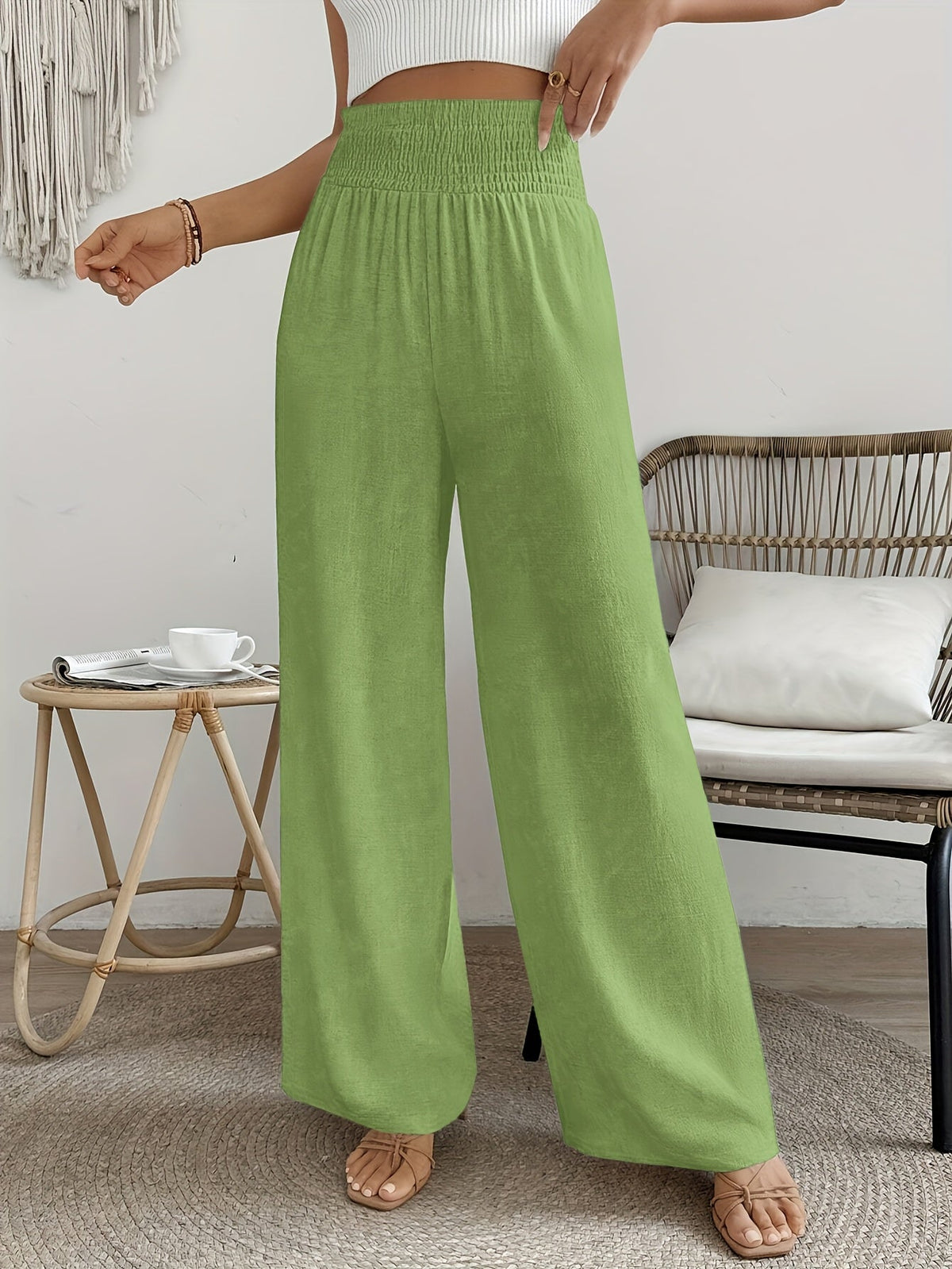 Pantalon élégant taille haute pour femme, couleur unie, matière lisse légèrement extensible - Pantalon décontracté chic, lavable en machine, idéal pour le printemps, l'été, l'automne, le bureau ou le quotidien