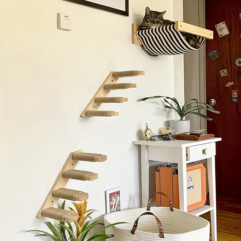 Arbre à chat mural en bois avec échelle en corde de sisal, mobilier d'intérieur pour chat, étagère d'escalade gain de place, centre d'activités pour chats d'intérieur