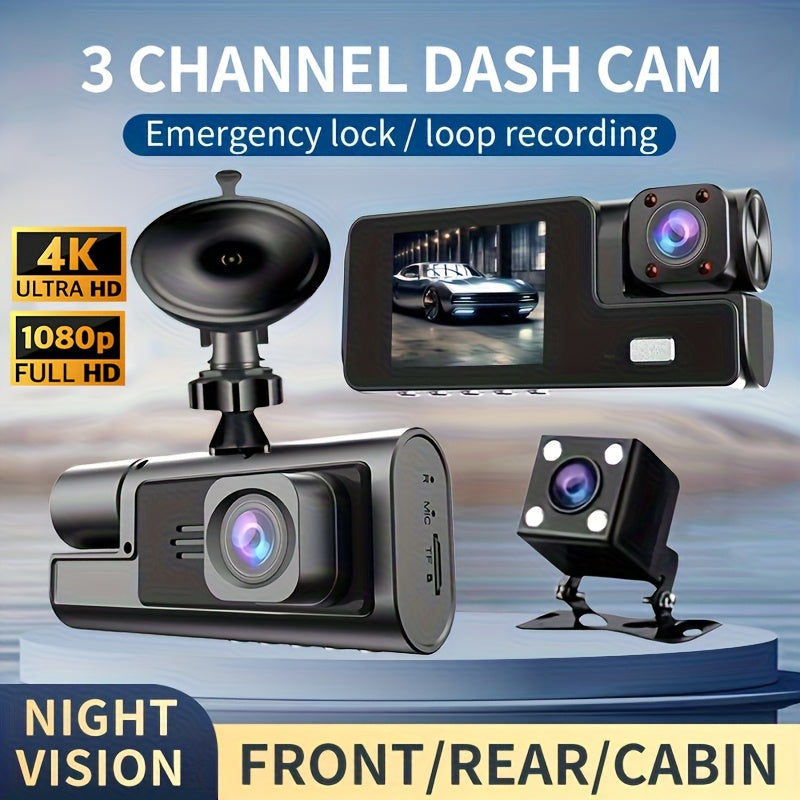 Dashcam 3 canaux 4K avant + 4K intérieur + 1080P arrière avec carte 32 Go offerte, vision nocturne, capteur G, grand angle, enregistrement en temps réel et moniteur de stationnement – Velora