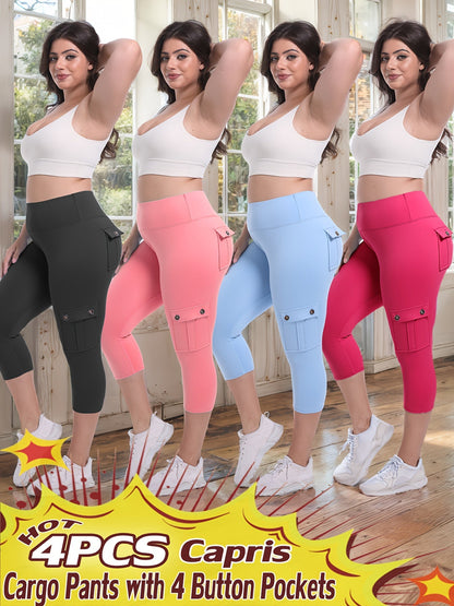 Lot de 4 pantalons de yoga Capri taille haute pour femmes, extensible dans les 4 sens, galbant, gainant, 4 poches - Leggings de sport pour la course, S-XXL, toutes saisons