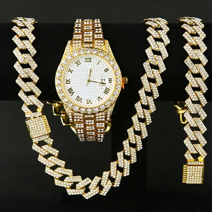Ensemble de montre Hip Hop pour homme avec strass, chaîne cascade et collier – Parure de bijoux avec montre à quartz étincelante pour homme, 3 et 5 pièces, cadeau idéal pour les fêtes