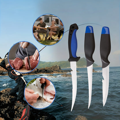 Ensemble de 3 couteaux de pêche avec lames en acier inoxydable, couteaux à fileter, désosser et vider avec gants résistants aux coupures, coupe-fil de pêche et cordon – Cadeau de pêche unique pour pêcheurs et campeurs
