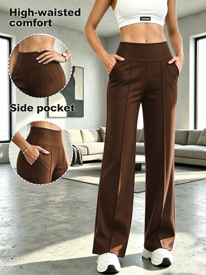 High Waist Tummy Control Wide Leg Pants Women with Pockets - Flowy Straight Leg Trousers, Soft Yoga Athletic Pants for Commute Casual Wear S M L XL