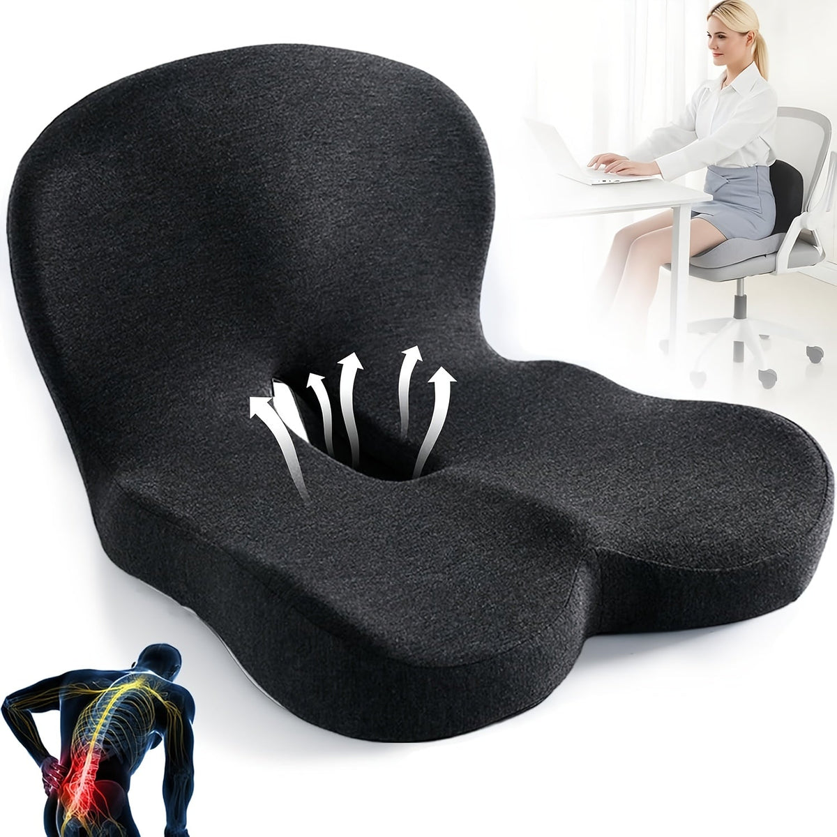 Coussin de siège ergonomique en mousse à mémoire de forme avec soutien lombaire – Coussin antidérapant pour chaise de bureau, fauteuil gaming et siège de voiture pour soulager les douleurs aux hanches et au coccyx, confort prolongé en position assise
