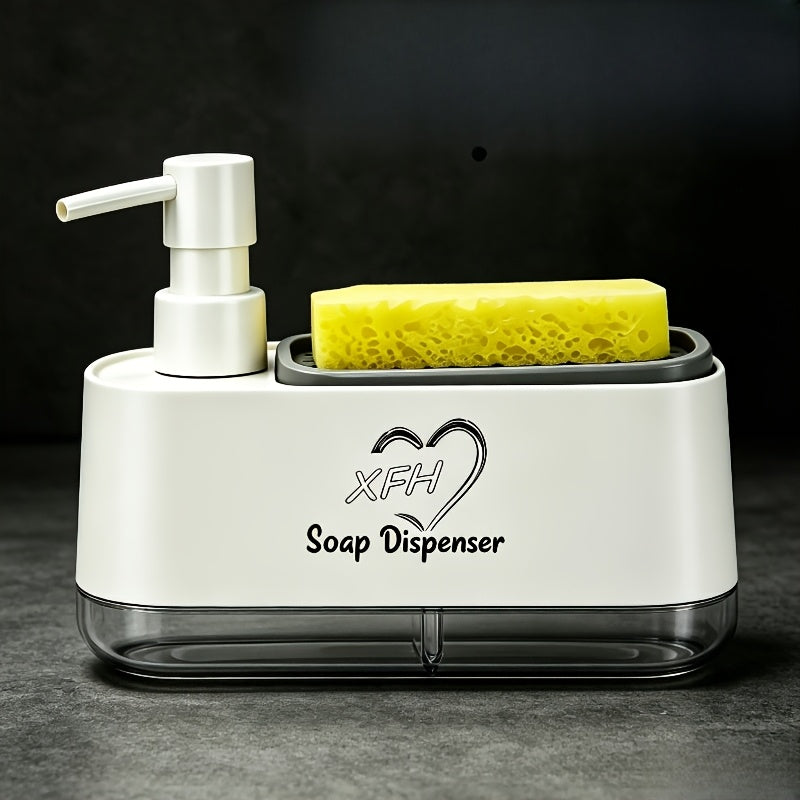 Distributeur de savon 2-en-1 avec porte-éponge intégré pour évier de cuisine – Distributeur à pompe pour comptoir pour savon à mains et vaisselle, distributeur de détergent, recharge facile, organisateur de cuisine idéal